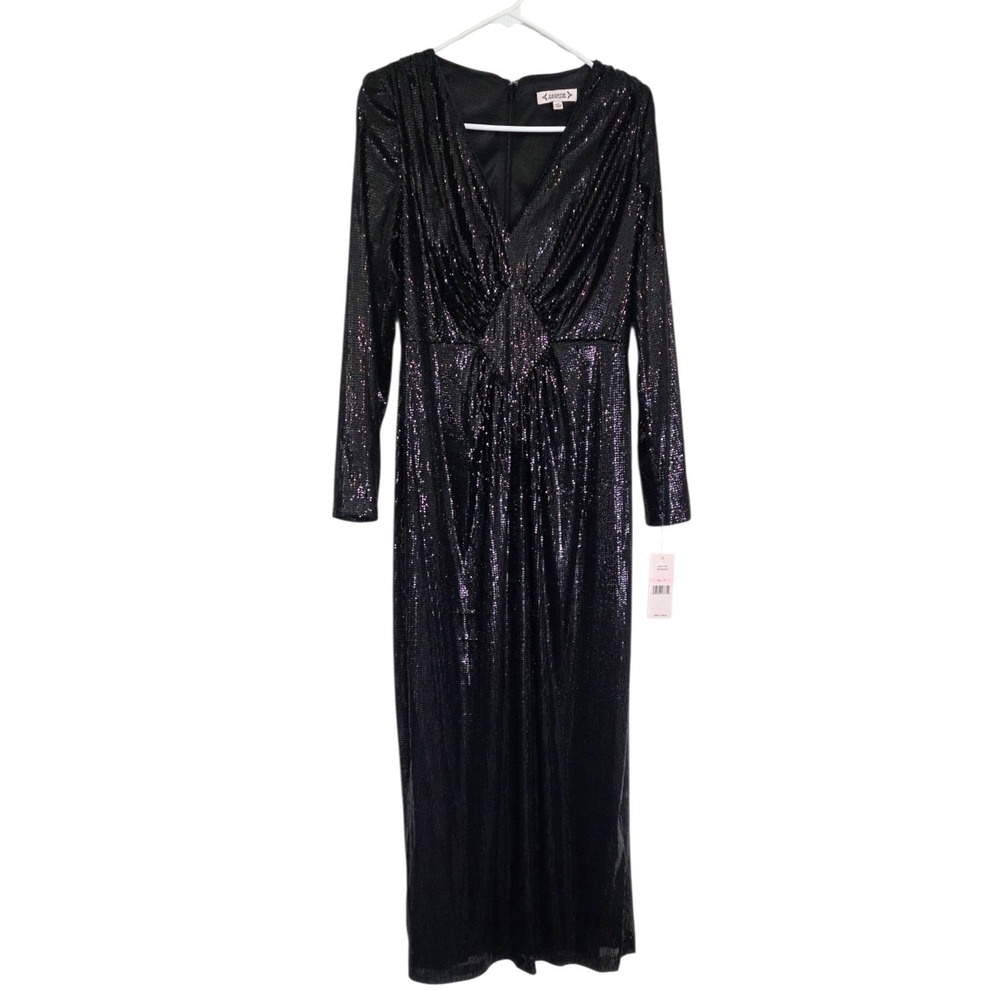 NANETTE LEPORE All-over Sequin Black Sheath Gown Dress Glam Event V-neck Size 10